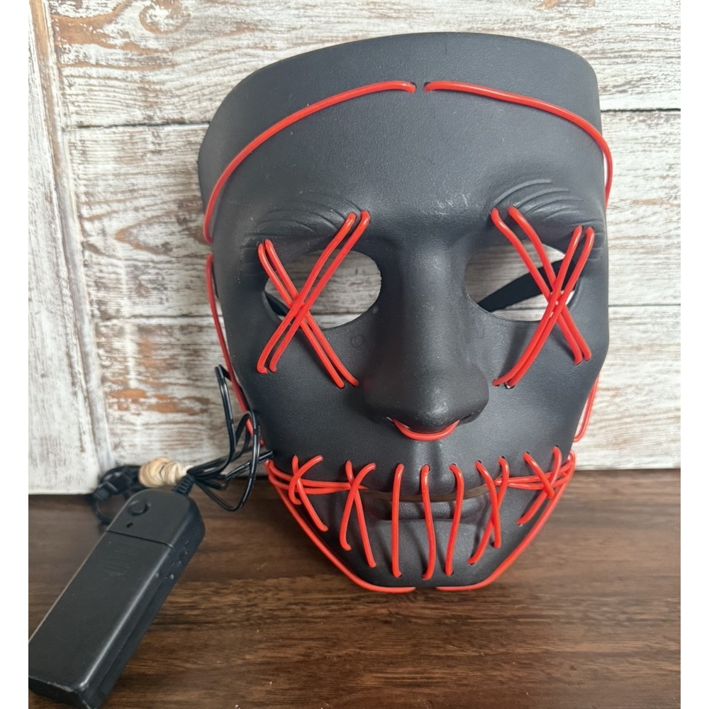 Halloween LED Light Up Mask 3 Modes Costume Rave Cosplay‎ Black w/ Red Stitches